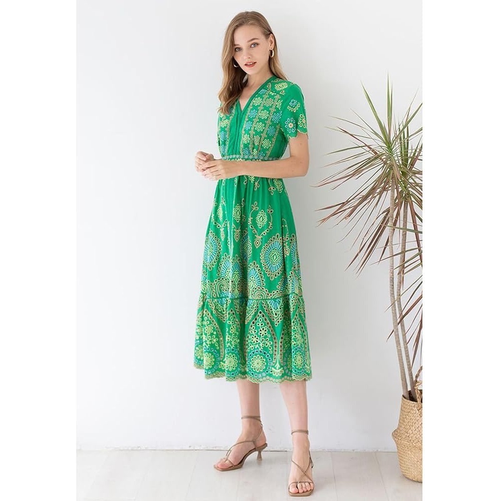 Chicwish Green Cotton Eyelet Embroidery V-Neck Midi Dress Boho Floral Tiered L